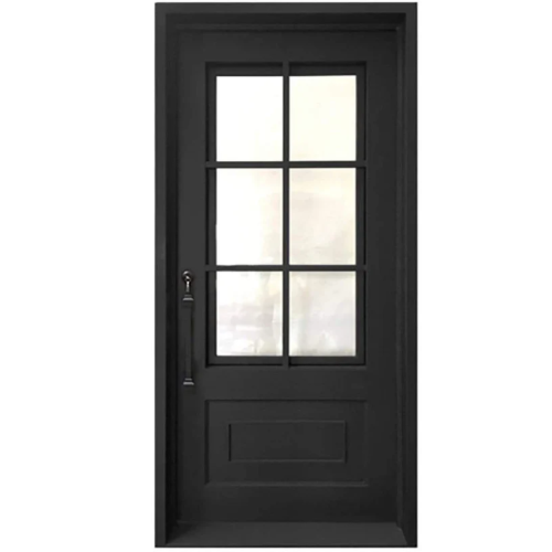 IWD Wrought Iron Single Entrance Door CID-022-A Classic Grid Design Square Top 3/4 Lite with Kickplate