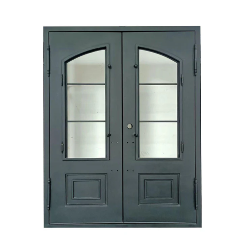 IWD Forged Iron Double Exterior Door CID-073 1-Panel Kickplate Square Top Aquatex Glass