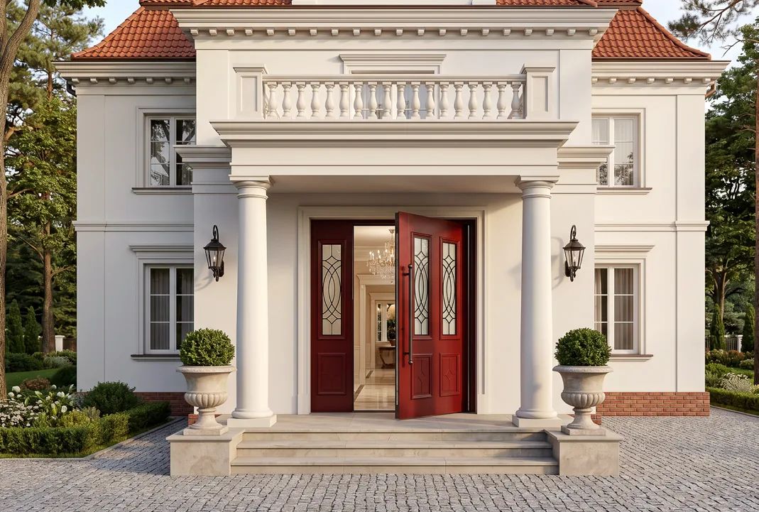 Veyna Imperium red classic pivot door on a colonial-style house
