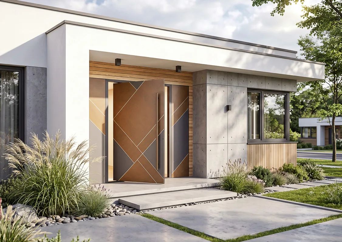 Veyna Verano DL-01 pivot entry door on a modern single-storey house